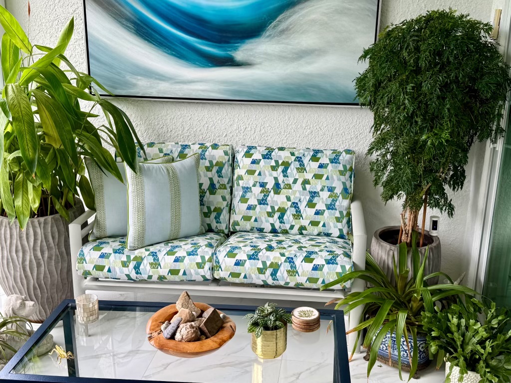 Custom loveseat cushions in a geometric outdoor fabric